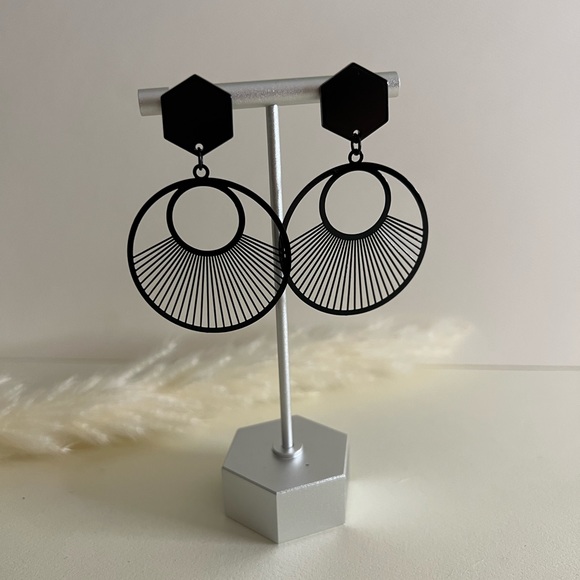 Black Art Deco Geometric Classic Dangle Earrings - Minimalist Statement Earrings - Picture 3 of 14